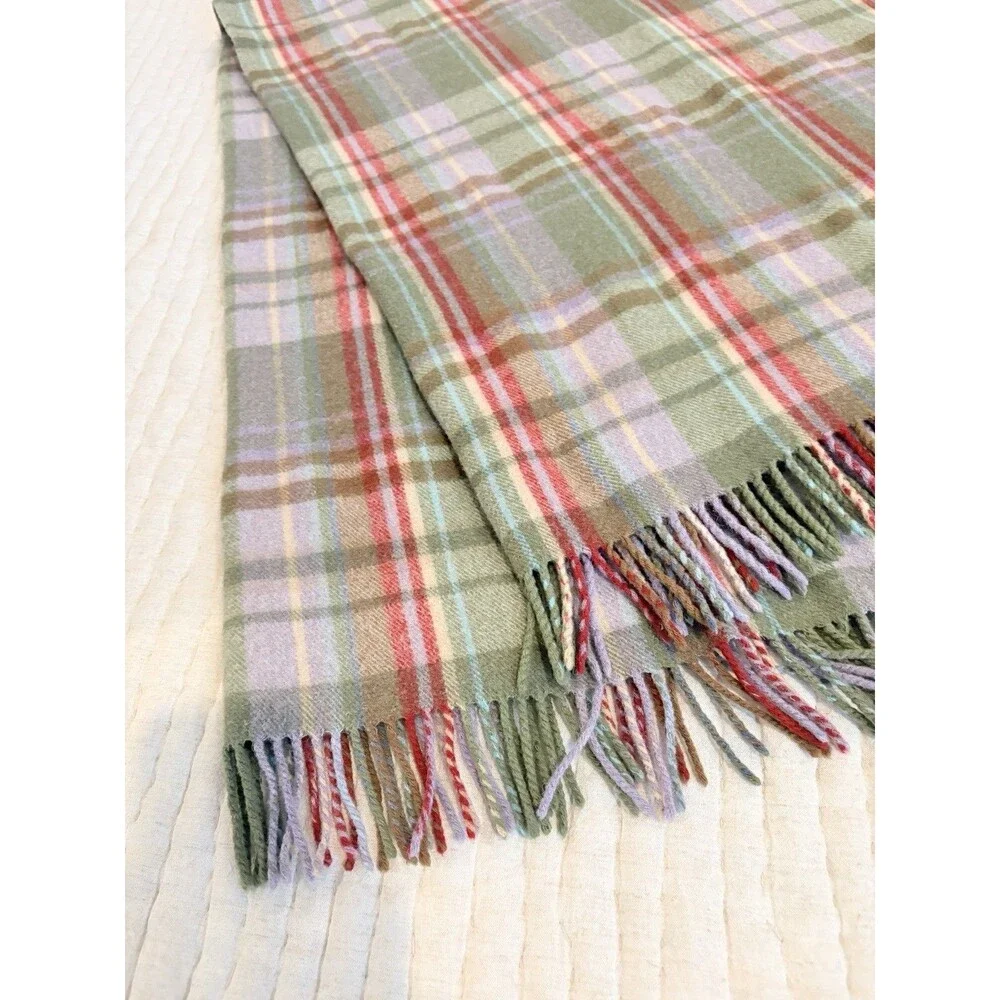 Ireland 100% Wool Blanket John Hanly & Co Plaid Purple Green Fringe Trim 50x62